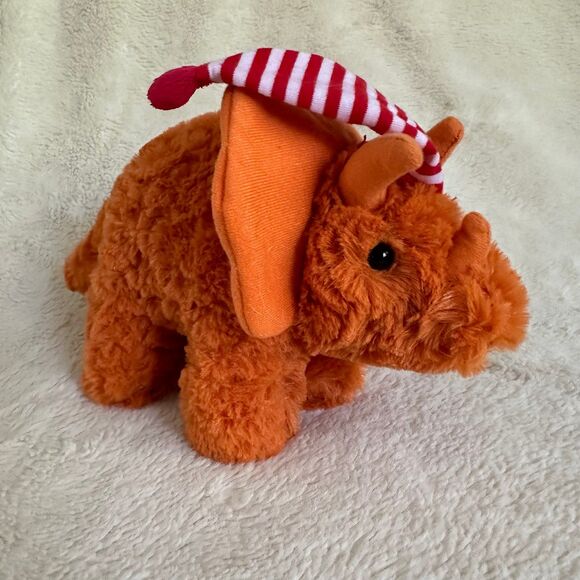 Manhattan Toy Co Orange Dinosaur Triceratops 9” Striped Knit Hat Plush - Picture 1 of 5